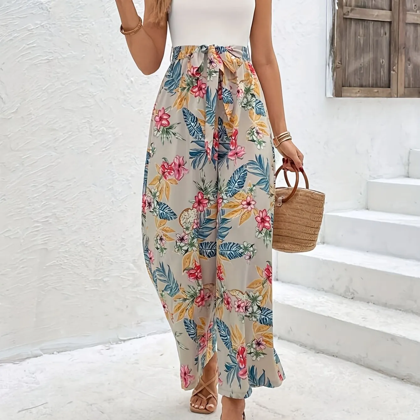 Floral  Jumpsuit, Casual Backless Square Neck Tie Waist Sleeveless Jumpsuits