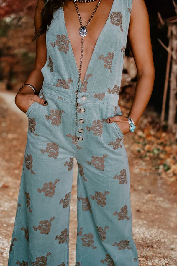 Floral Print Corduroy Sleeveless Jumpsuit