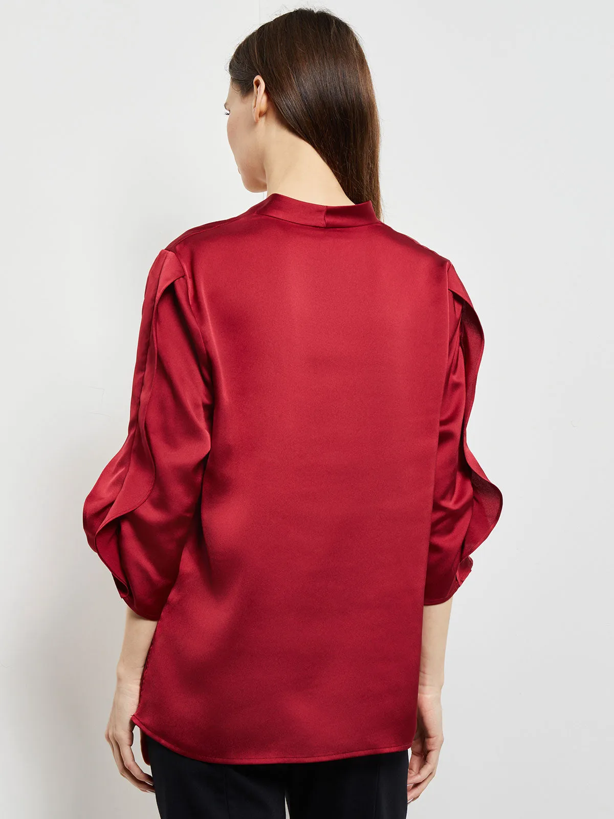 Gathered Tulip Sleeve Crepe de Chine Blouse, Scarlet Red