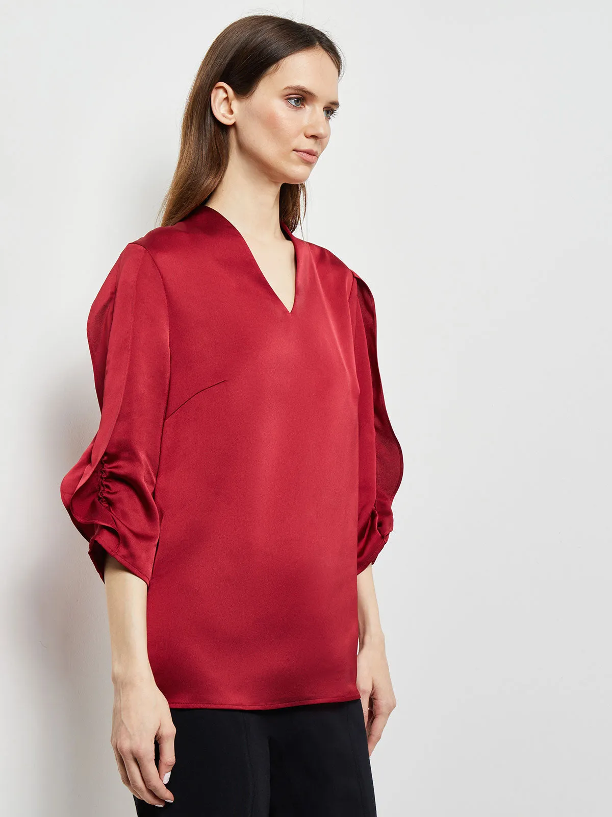 Gathered Tulip Sleeve Crepe de Chine Blouse, Scarlet Red