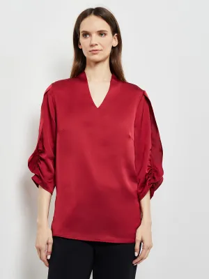 Gathered Tulip Sleeve Crepe de Chine Blouse, Scarlet Red