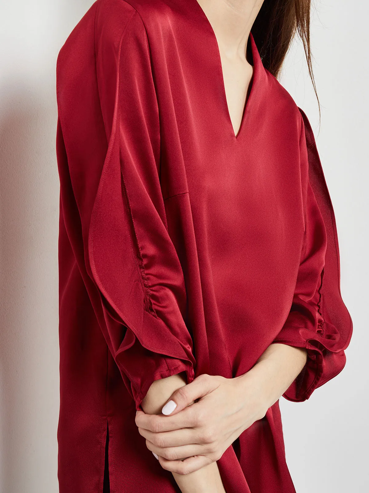 Gathered Tulip Sleeve Crepe de Chine Blouse, Scarlet Red