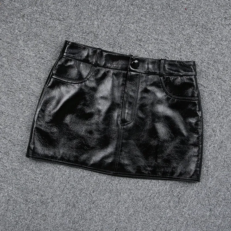 Genuine Leather Skirt Miniskirt Leather Sheepskin Skirt INS Glossy Low Waist Hip Wrap Hot Girl Style 2022 Autumn Winter New TF4716