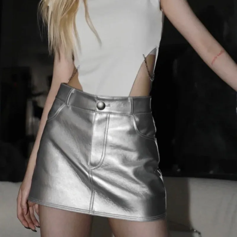 Genuine Leather Skirt Miniskirt Leather Sheepskin Skirt INS Glossy Low Waist Hip Wrap Hot Girl Style 2022 Autumn Winter New TF4716