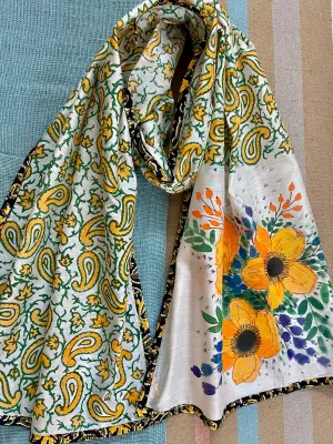 Golden Yellow Flowers Hand Painted on Silk Cotton Scarf