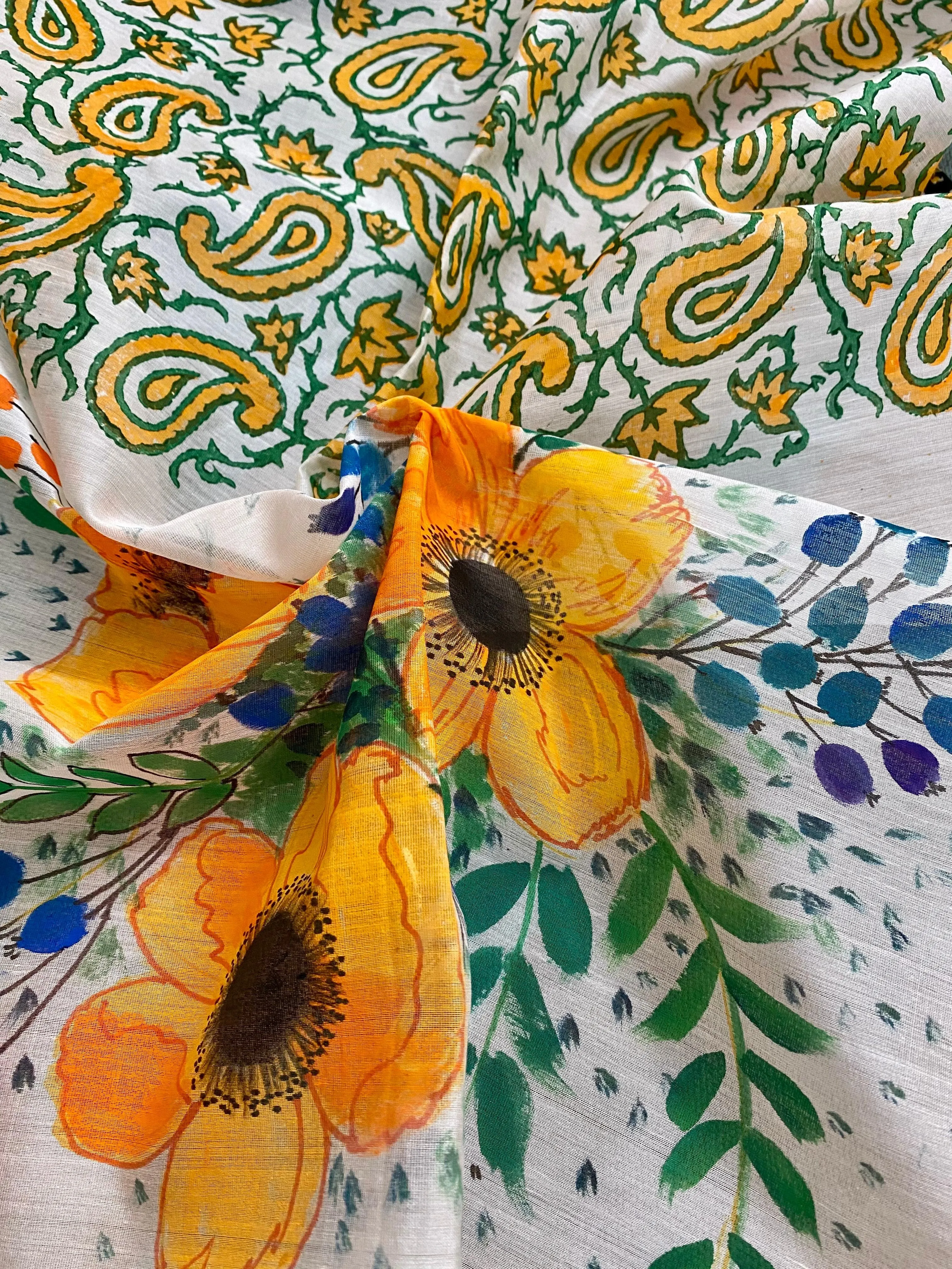 Golden Yellow Flowers Hand Painted on Silk Cotton Scarf