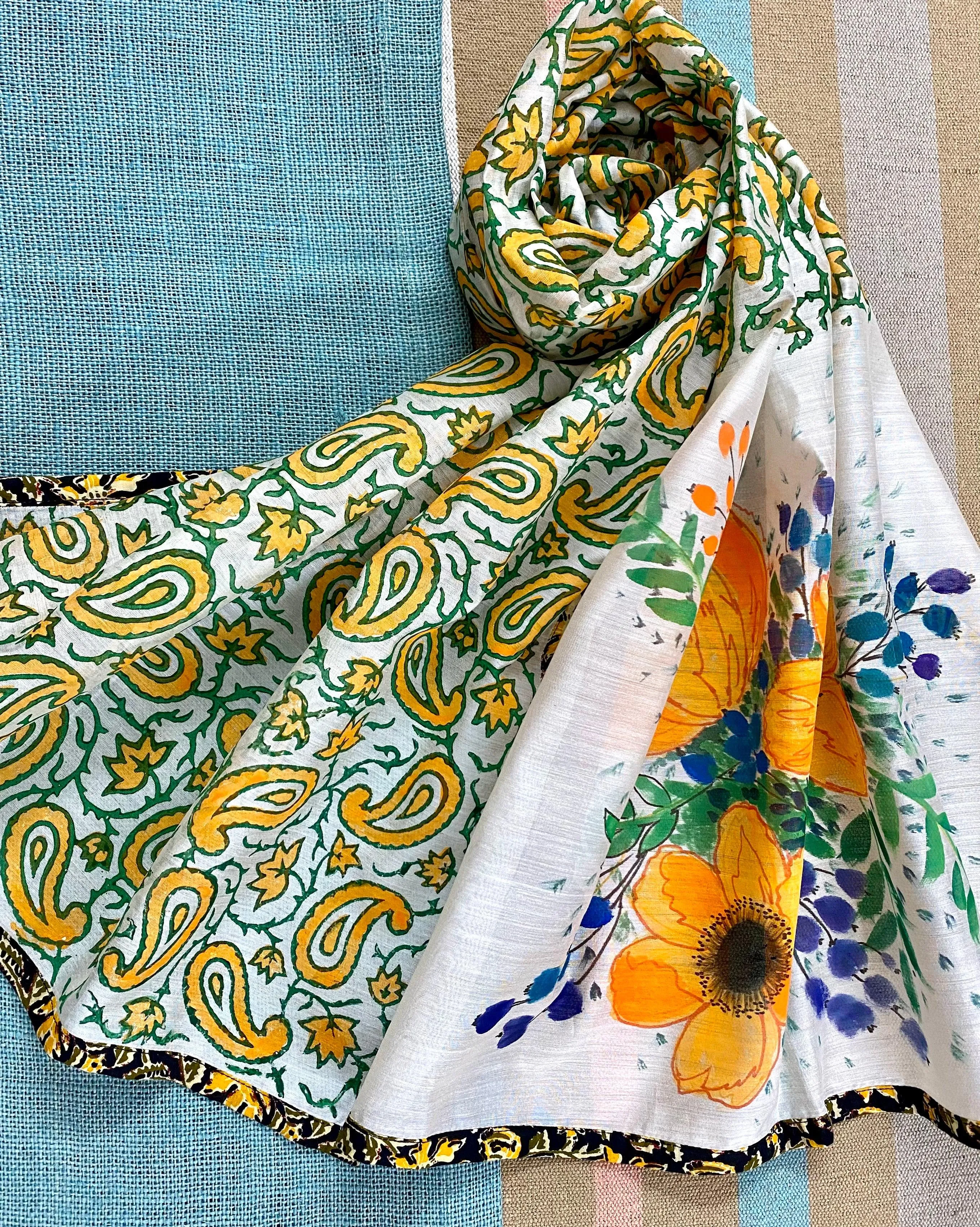 Golden Yellow Flowers Hand Painted on Silk Cotton Scarf
