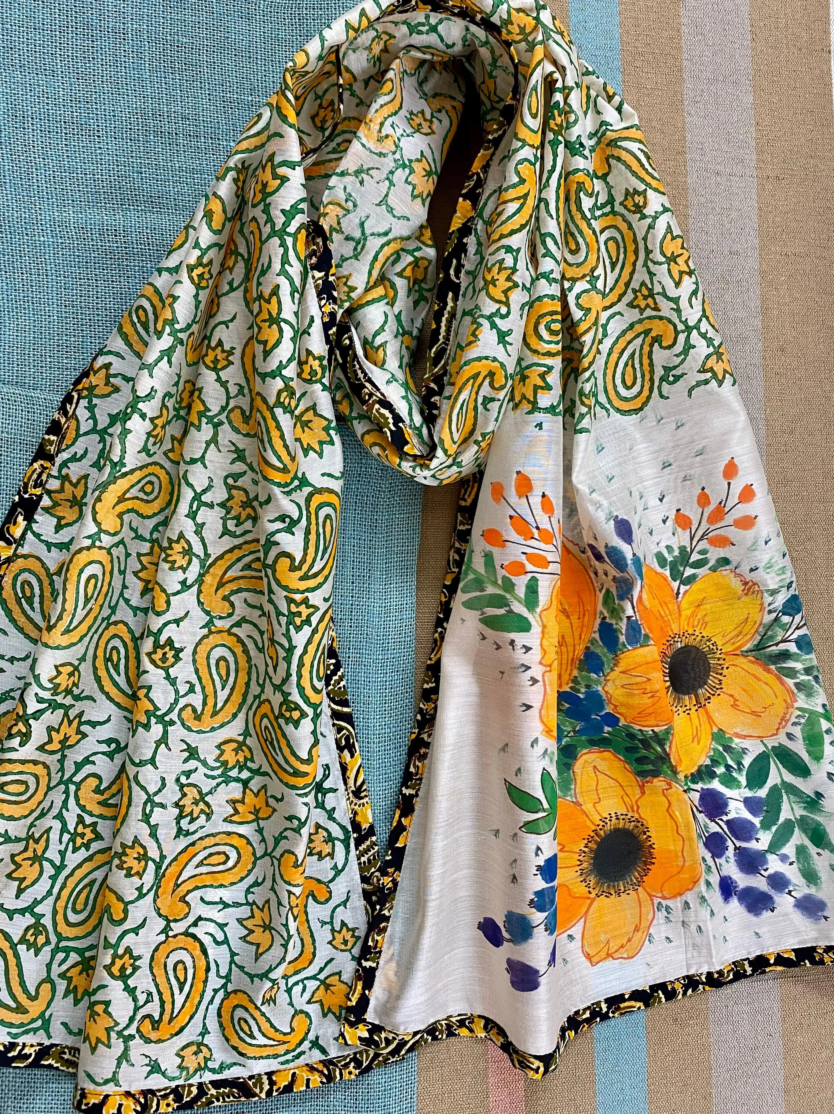 Golden Yellow Flowers Hand Painted on Silk Cotton Scarf