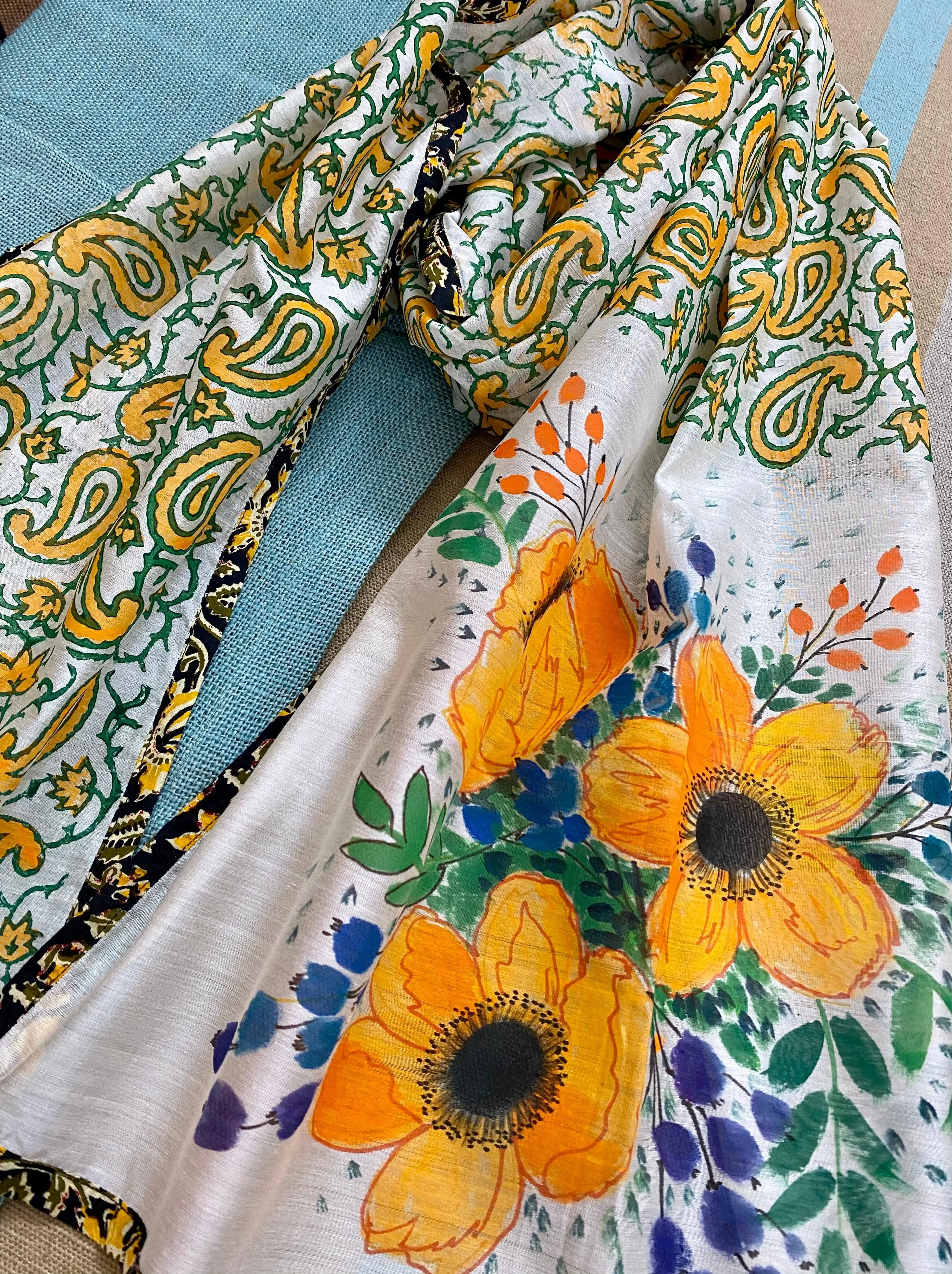 Golden Yellow Flowers Hand Painted on Silk Cotton Scarf