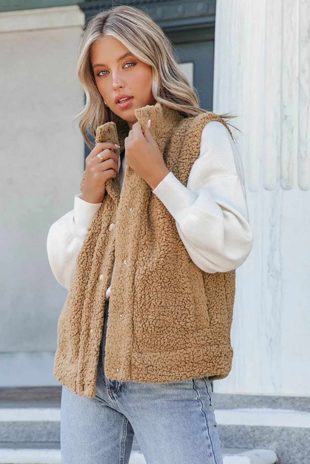 Green Snap Button Pocketed Sherpa Vest Jacket