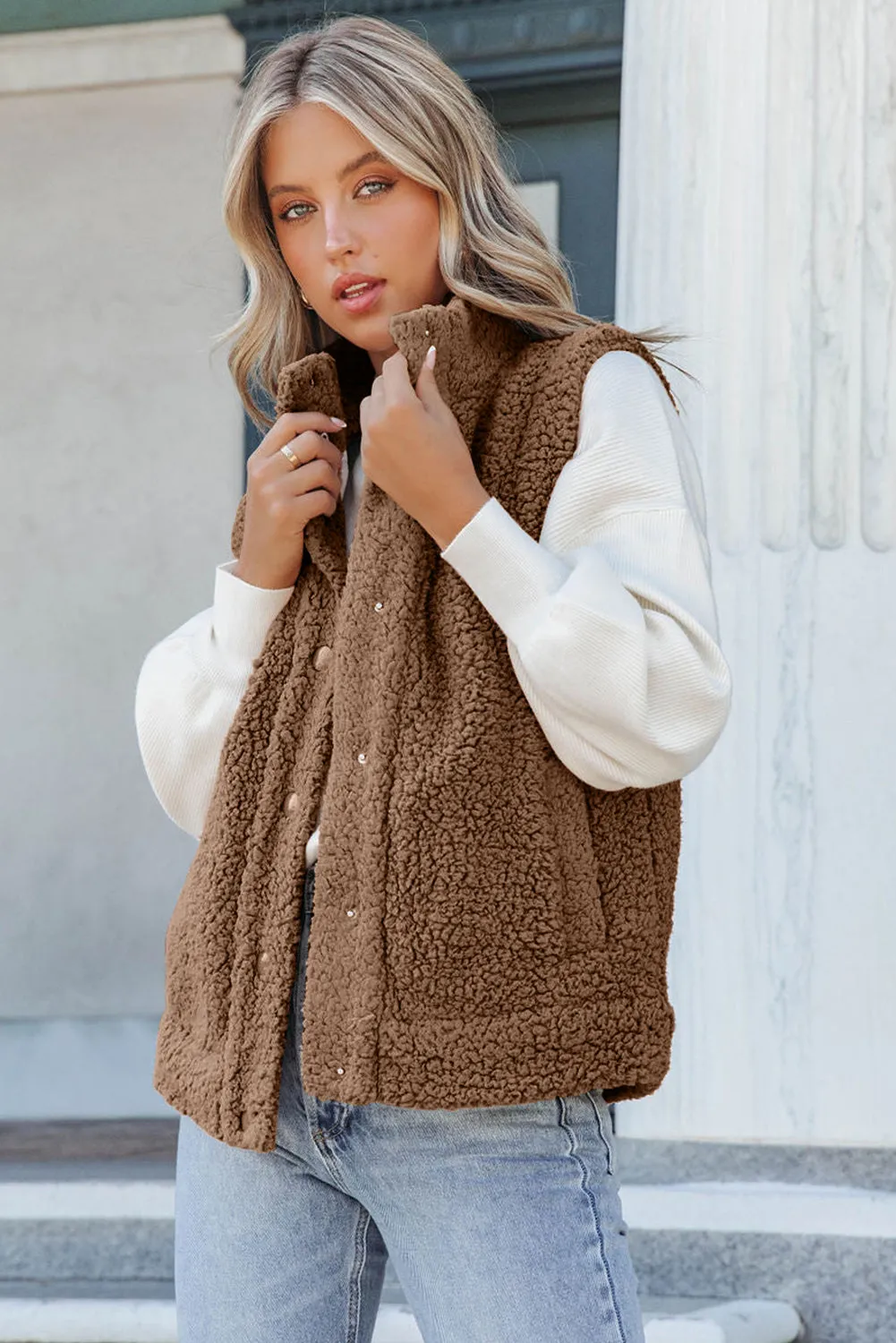 Green Snap Button Pocketed Sherpa Vest Jacket