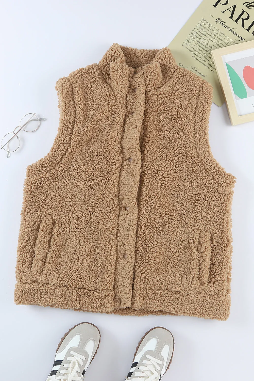 Green Snap Button Pocketed Sherpa Vest Jacket