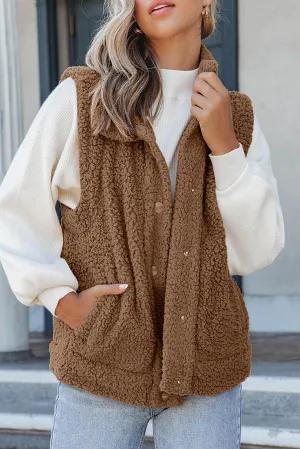 Green Snap Button Pocketed Sherpa Vest Jacket