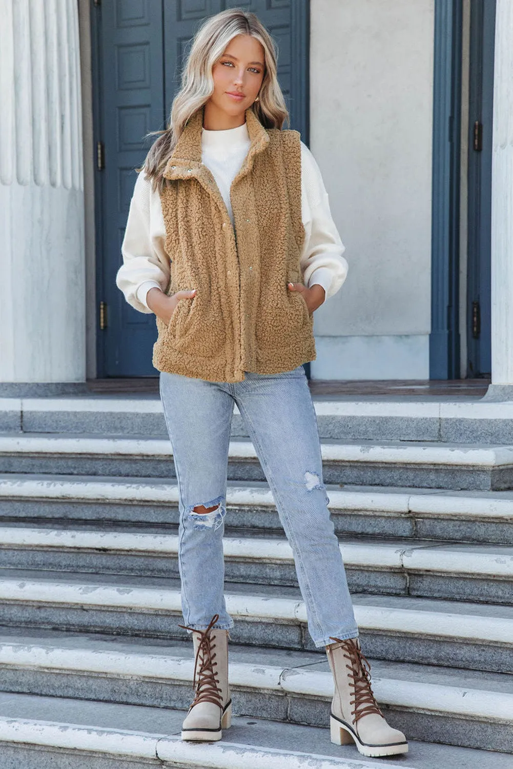 Green Snap Button Pocketed Sherpa Vest Jacket