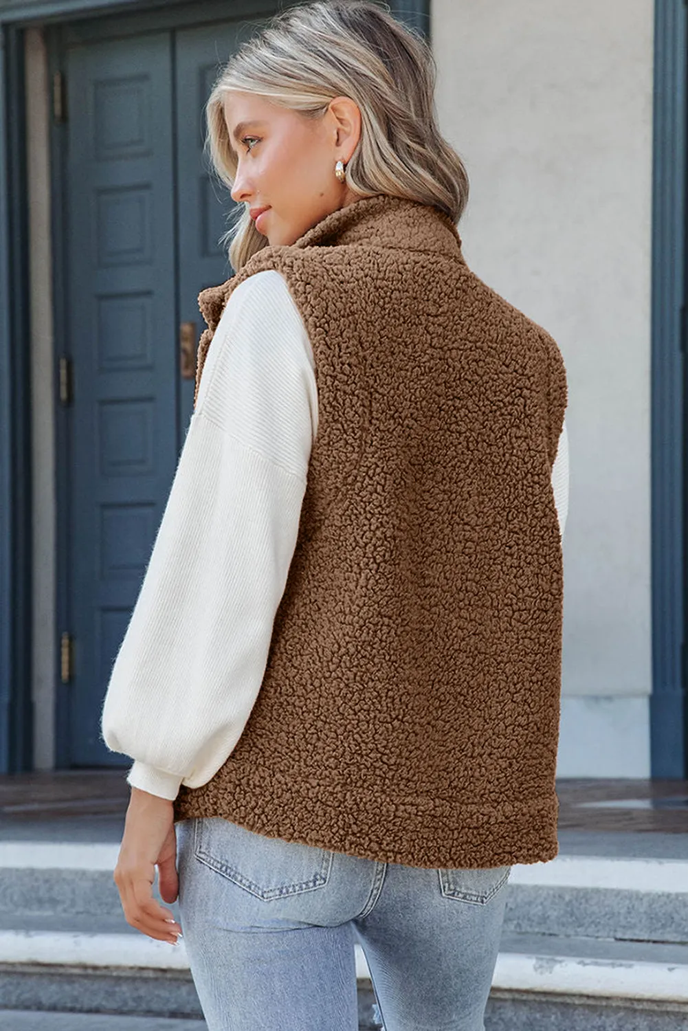 Green Snap Button Pocketed Sherpa Vest Jacket