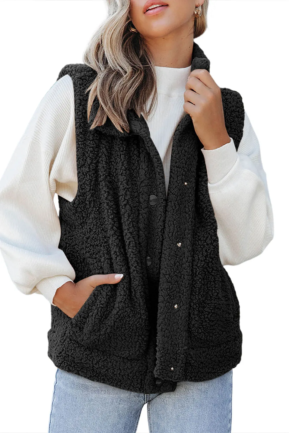 Green Snap Button Pocketed Sherpa Vest Jacket