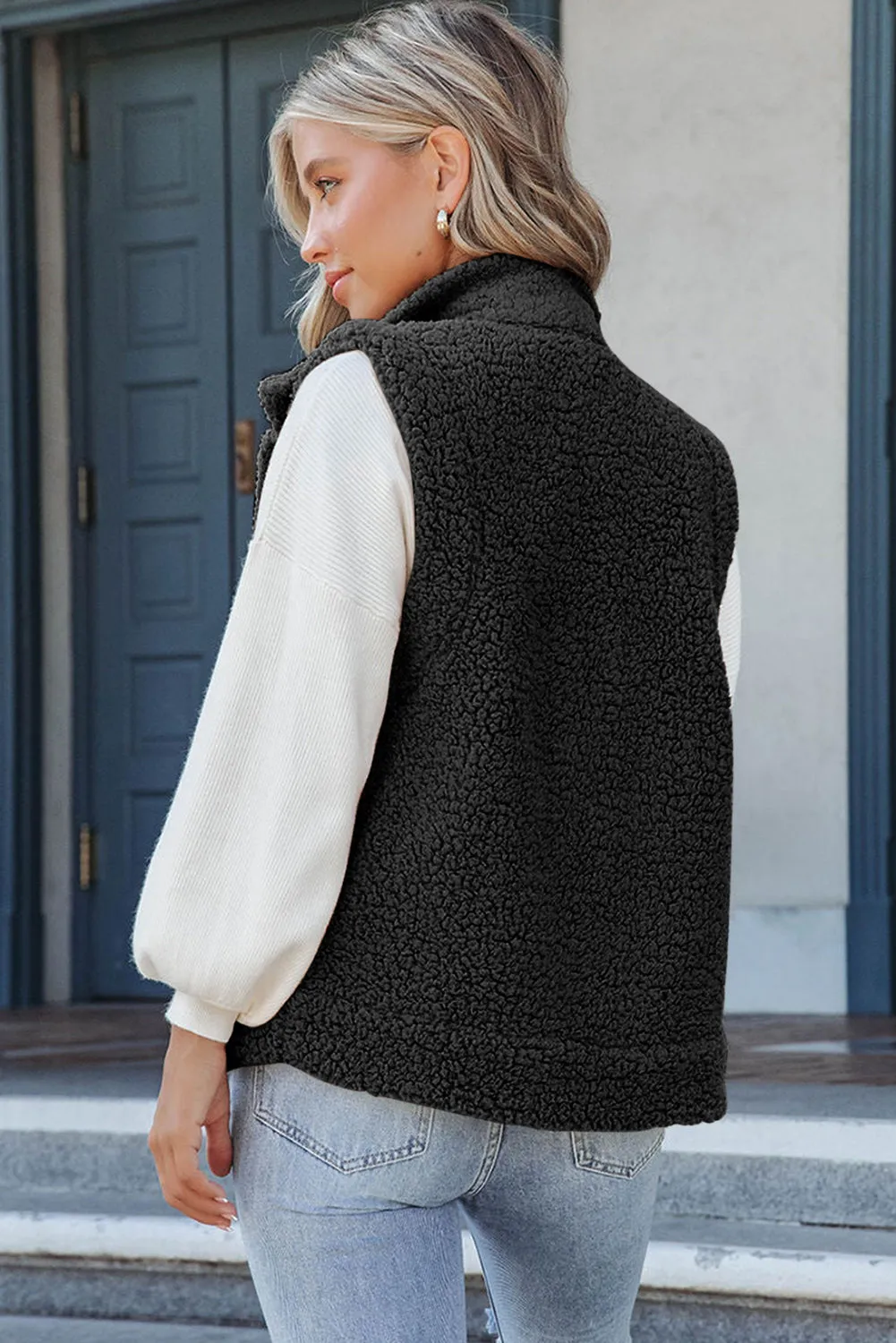 Green Snap Button Pocketed Sherpa Vest Jacket