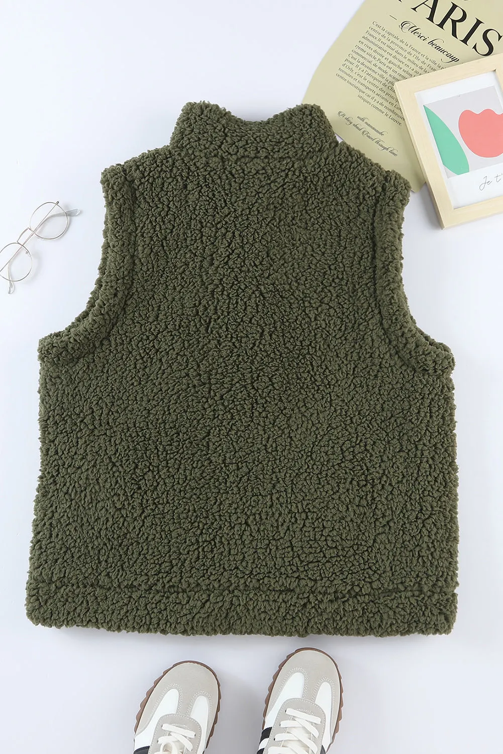 Green Snap Button Pocketed Sherpa Vest Jacket