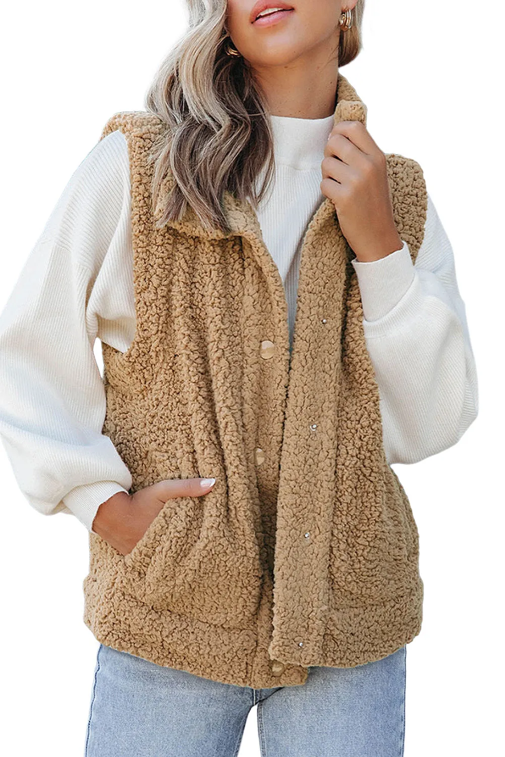 Green Snap Button Pocketed Sherpa Vest Jacket