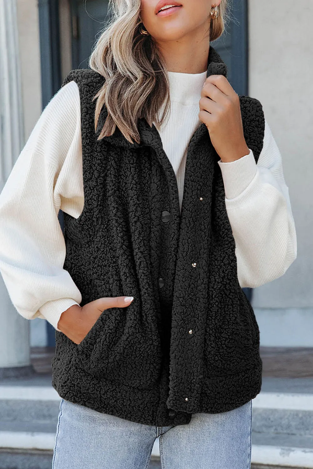 Green Snap Button Pocketed Sherpa Vest Jacket