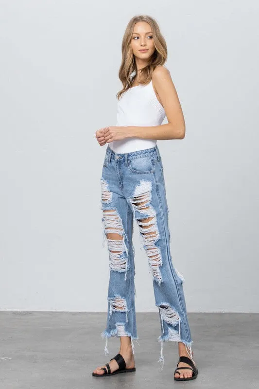Heavy Destroyed Frayed Hem Straight Jeans