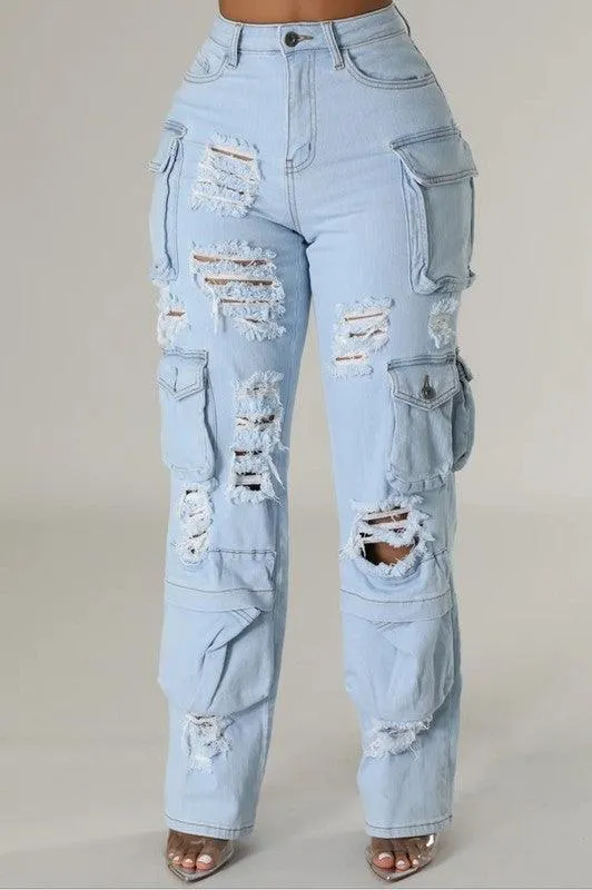 High Rise Multi Pockets Distressed Cargo JeaN