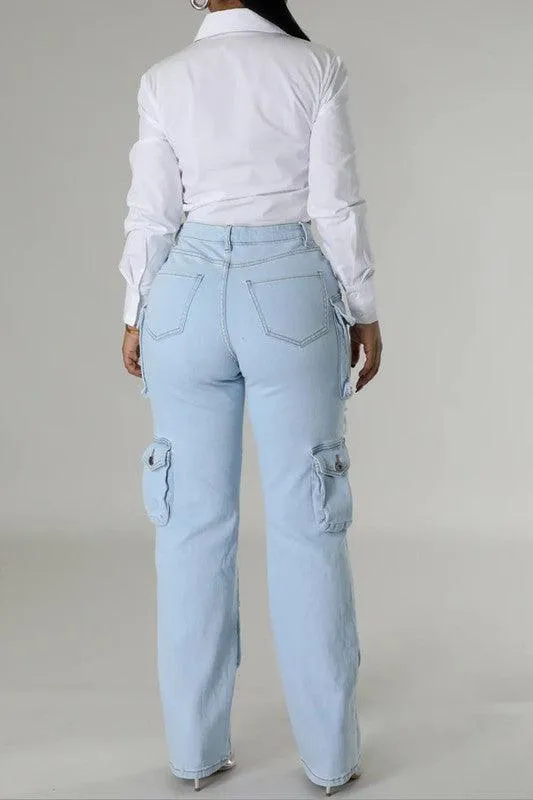 High Rise Multi Pockets Distressed Cargo JeaN