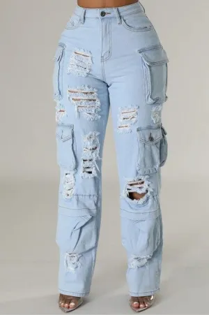 High Rise Multi Pockets Distressed Cargo JeaN