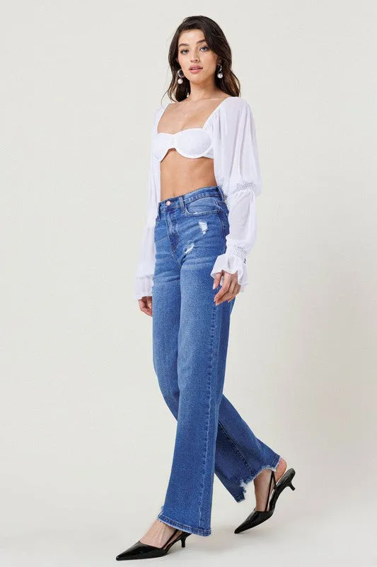 HIGH RISE WIDE LEG W DISTRESSED HEM DETAIL