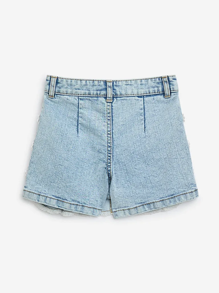 HOP Kids Light Blue Floral Embroidered High-Rise Denim Skort