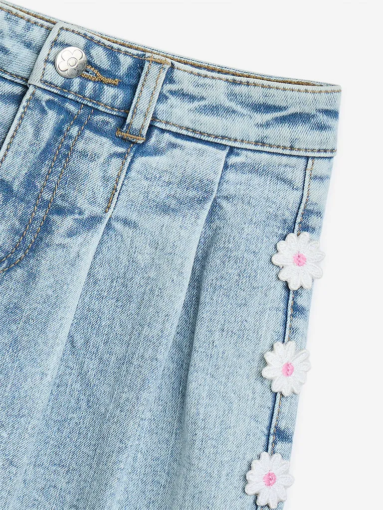HOP Kids Light Blue Floral Embroidered High-Rise Denim Skort