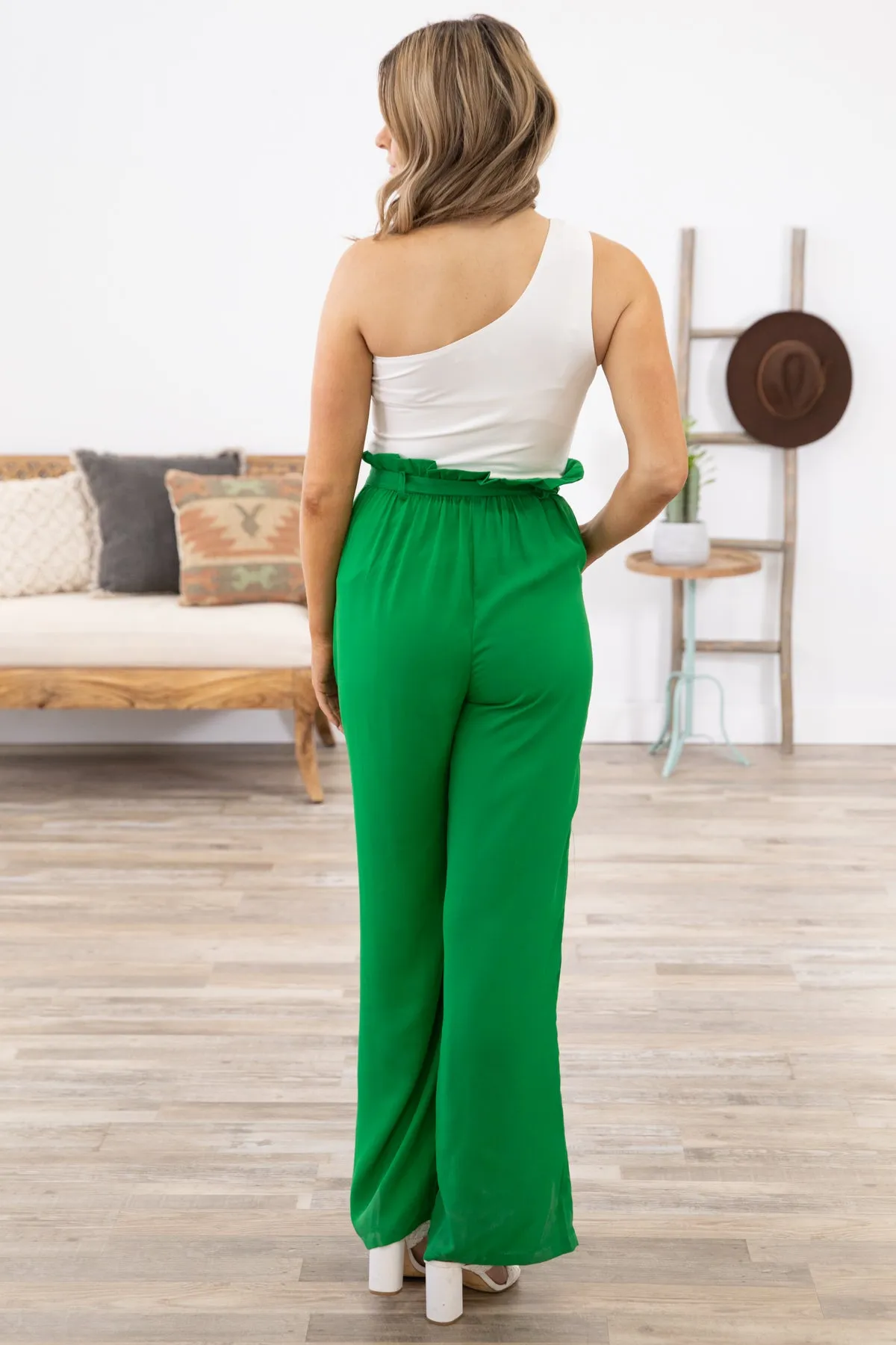 Jade and White Tie Waist One Shoulder Jumpsuit