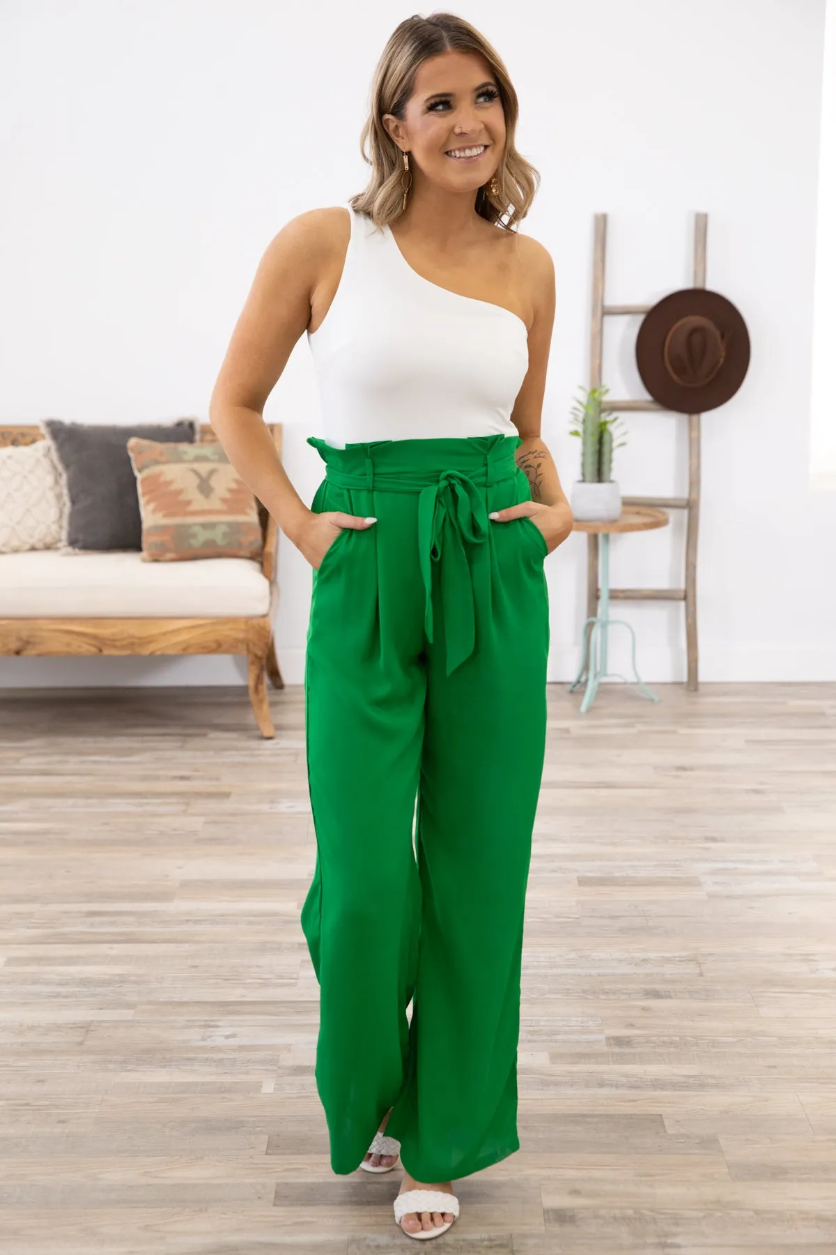 Jade and White Tie Waist One Shoulder Jumpsuit