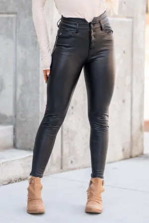 Janet Button Fly High Rise Skinny Faux Leather Ponte Pants