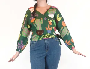 Jericho Road cropped green "crazy cactus" print wrap top size 12