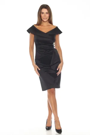 Joseph Ribkoff Black Off-Shoulder Pleated Faux Wrap Sheath Dress 243734