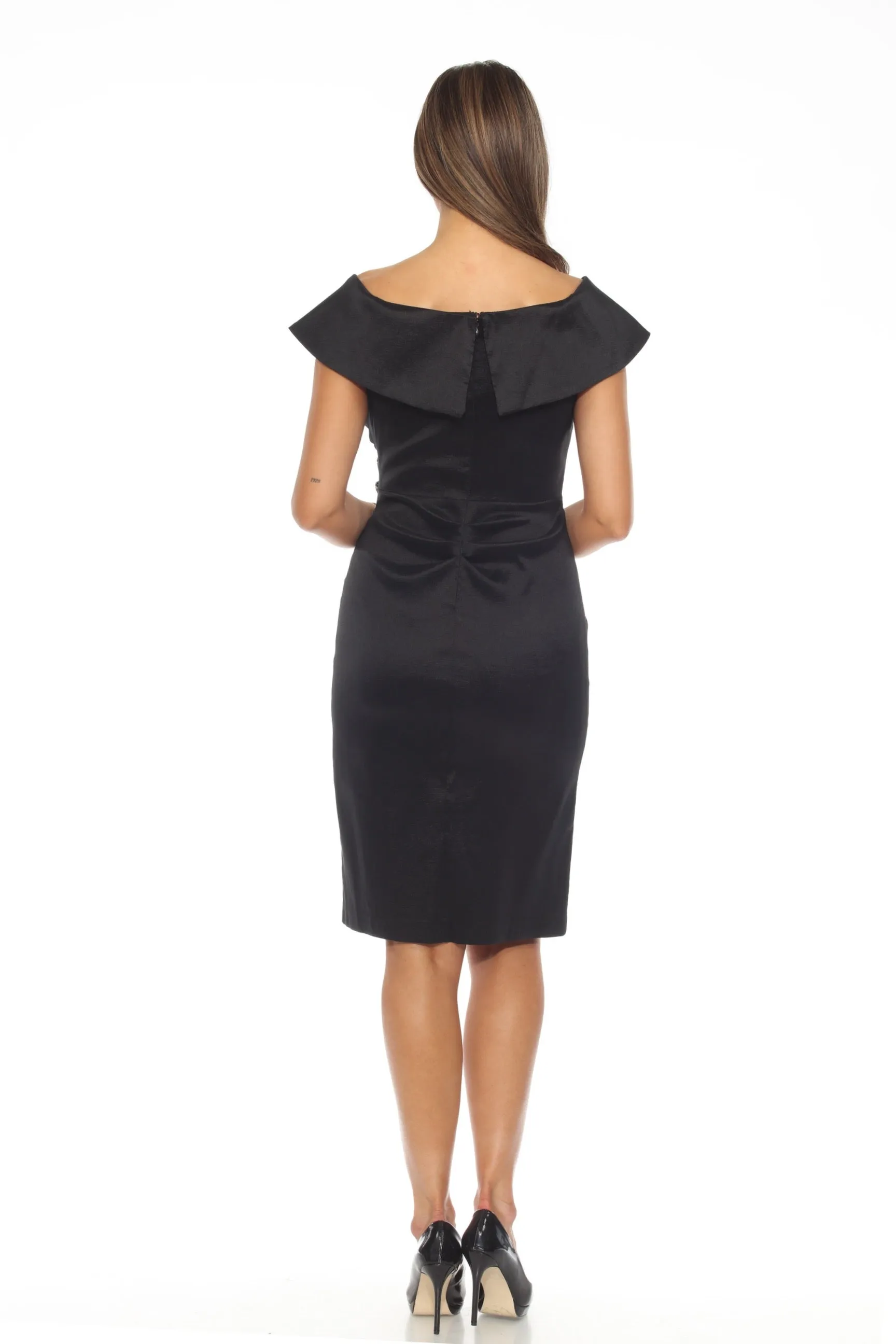 Joseph Ribkoff Black Off-Shoulder Pleated Faux Wrap Sheath Dress 243734