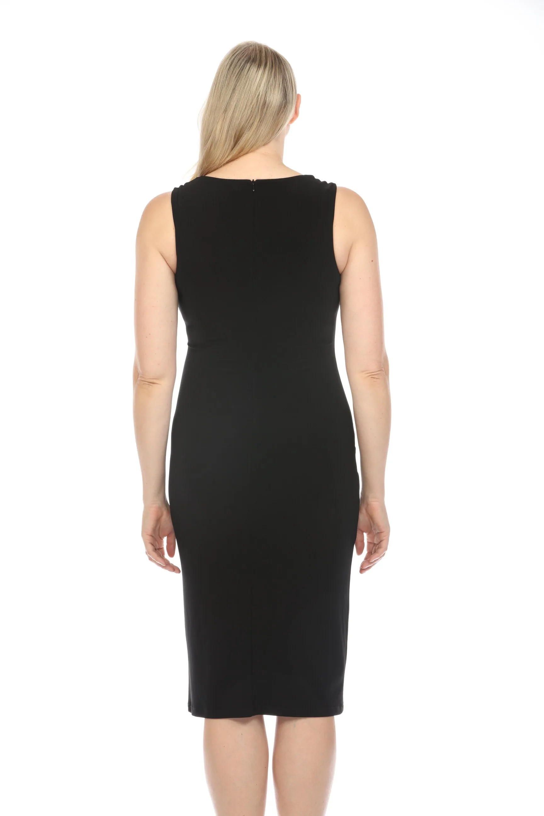 Joseph Ribkoff Black Ruched Fitted Sleeveless Midi Sheath Dress 241205