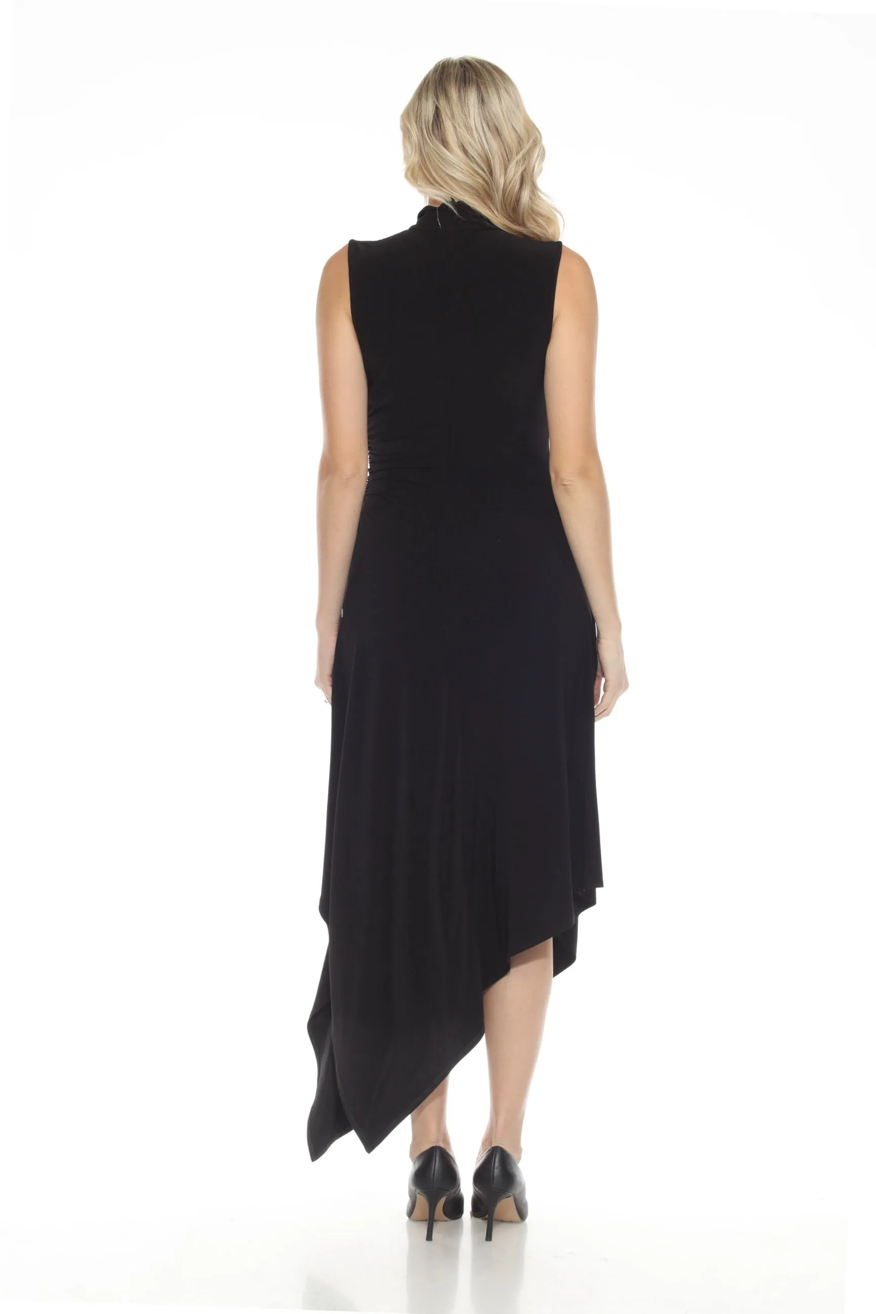 Joseph Ribkoff Black Turtleneck Ruched Asymmetric Midi Dress 244038