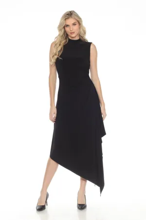 Joseph Ribkoff Black Turtleneck Ruched Asymmetric Midi Dress 244038