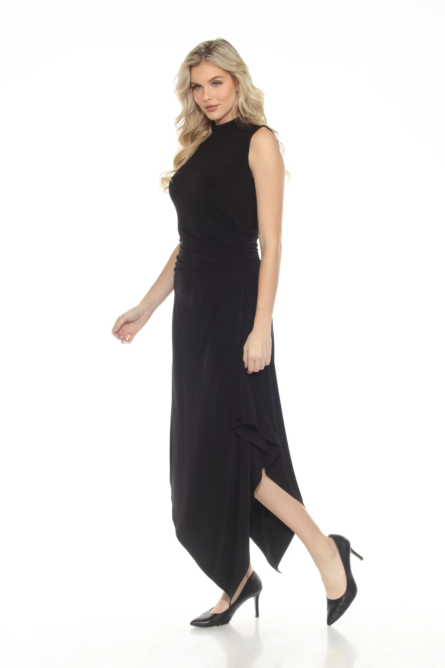 Joseph Ribkoff Black Turtleneck Ruched Asymmetric Midi Dress 244038