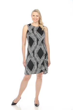 Joseph Ribkoff Black/Vanilla Geometric Print Shirred Sleeveless Sheath Dress 242114
