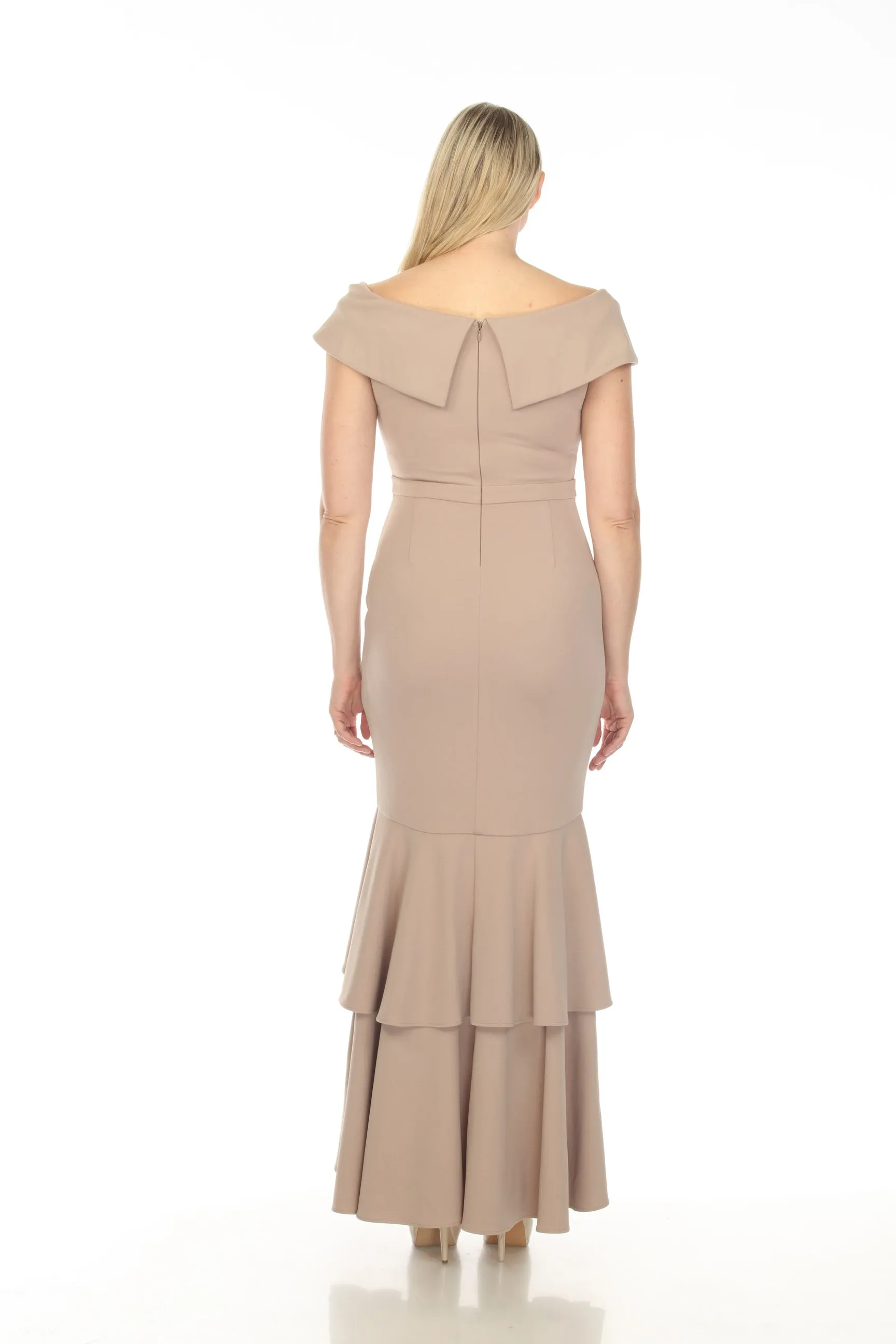 Joseph Ribkoff Latte Off-Shoulder Tiered Hem Evening Dress 233772