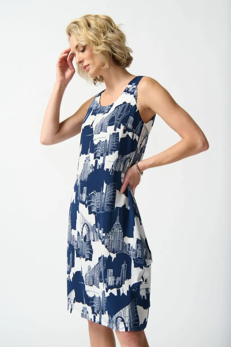 Joseph Ribkoff Vanilla/Midnight Blue Cityscape Sleeveless Shift Dress 242157