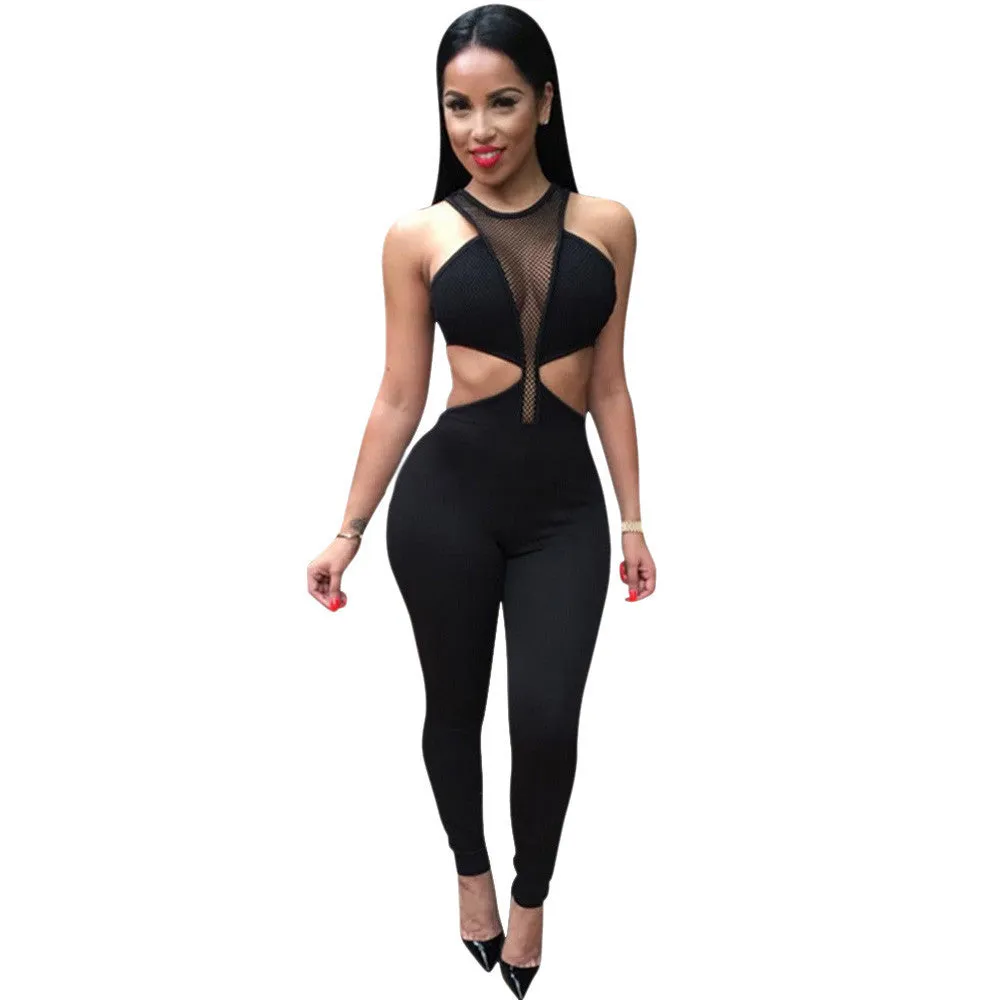 Jumpsuit Overalls Women Sexy Dew Waist Sleeveless Bodycon Bandage Party Long Bodysuit Overall Rompers