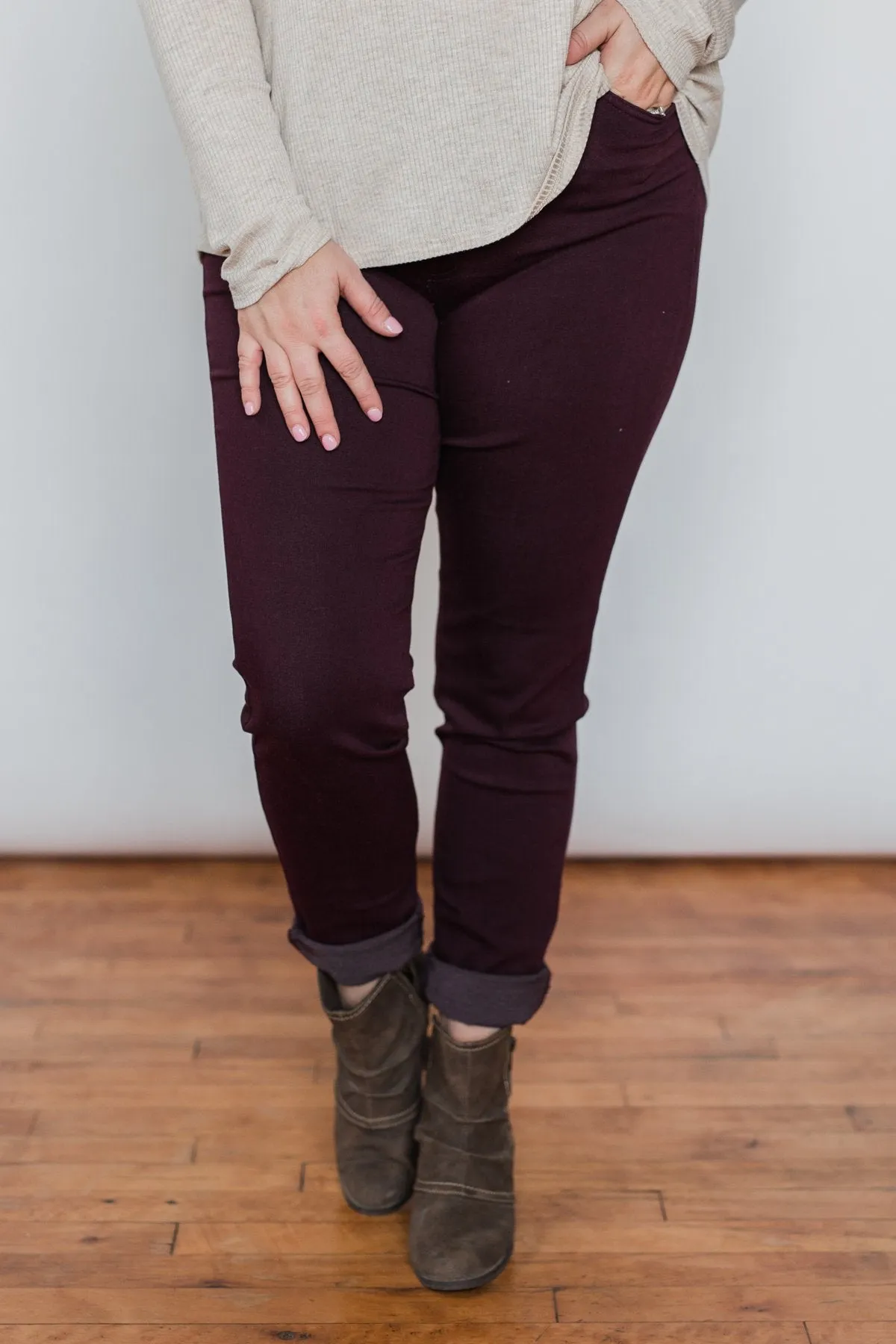 Kan Can Non-Distressed Skinny Jeans- Deep Burgundy