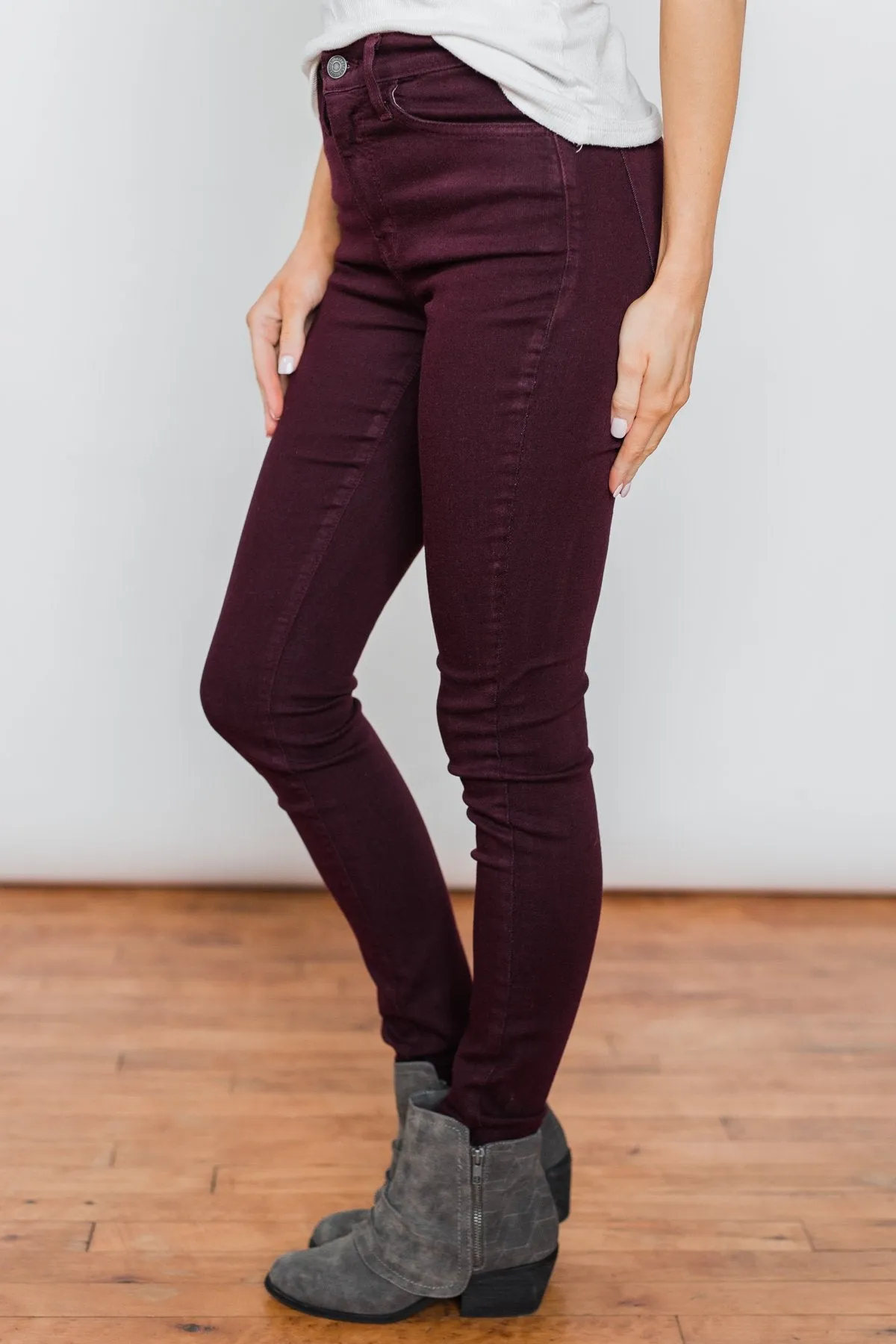 Kan Can Non-Distressed Skinny Jeans- Deep Burgundy