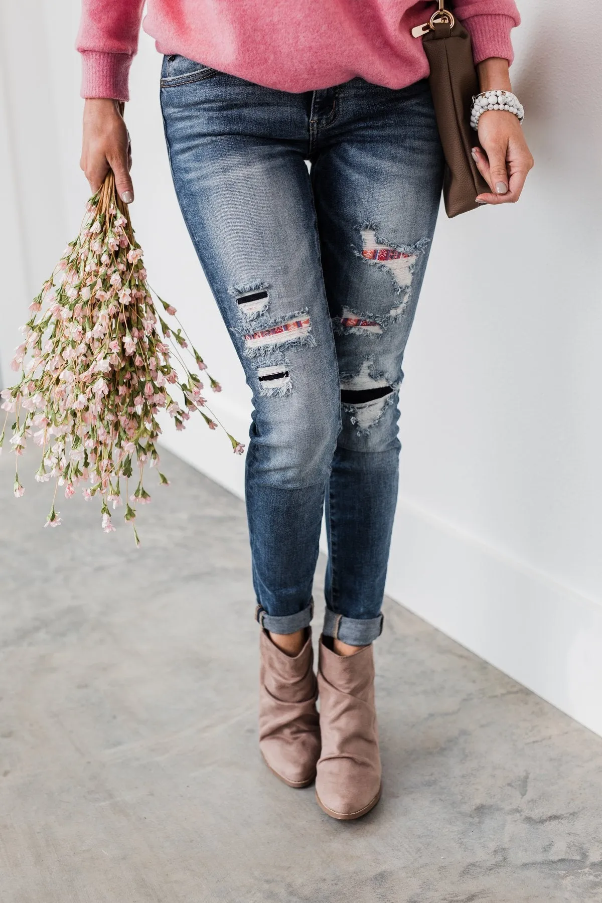 KanCan Distressed Skinny Jeans- Aztec Patch