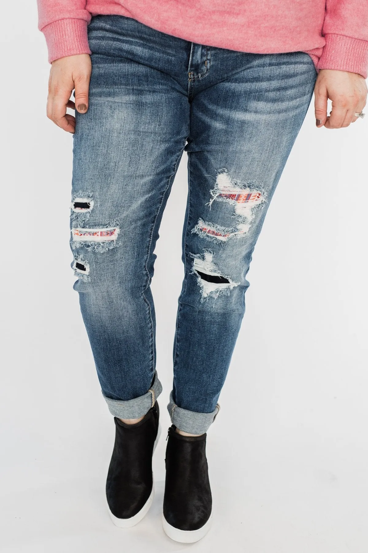 KanCan Distressed Skinny Jeans- Aztec Patch