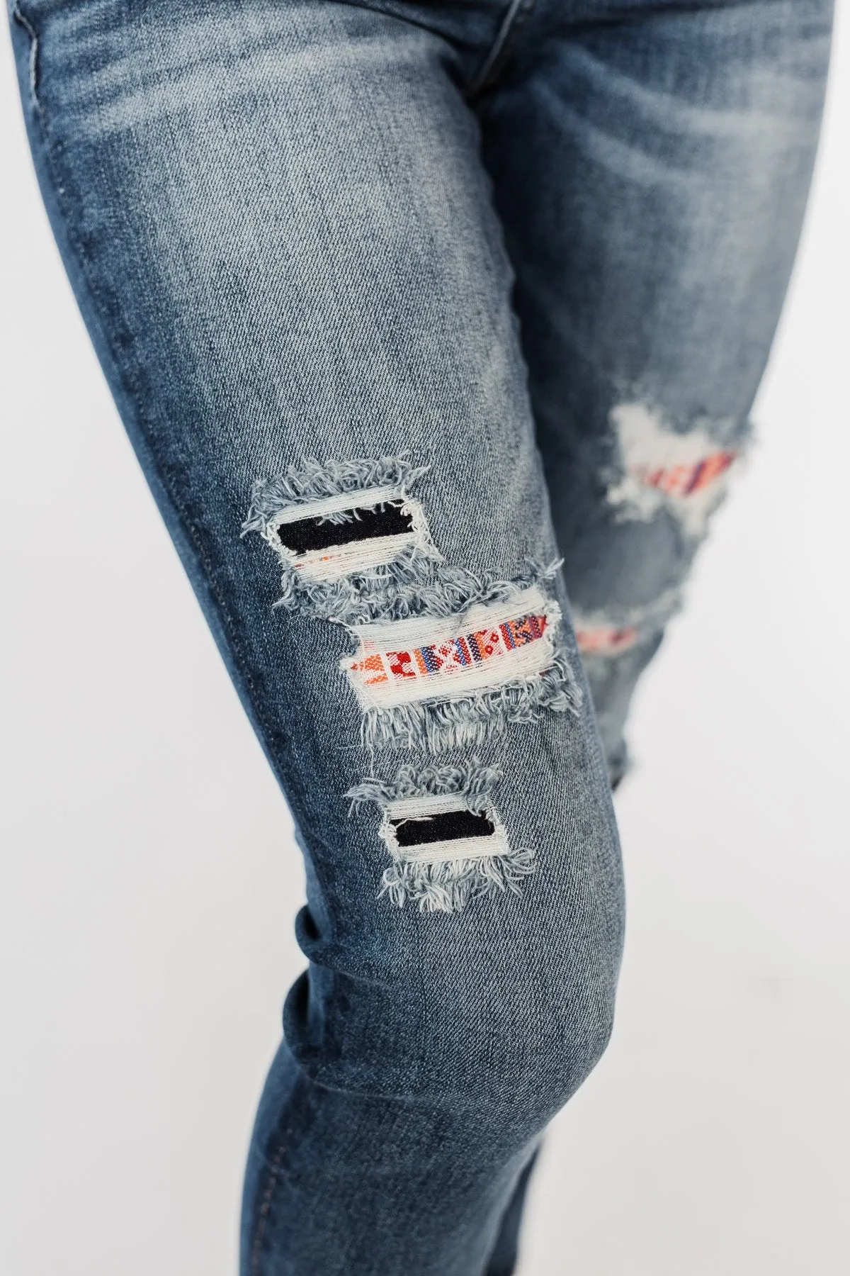 KanCan Distressed Skinny Jeans- Aztec Patch